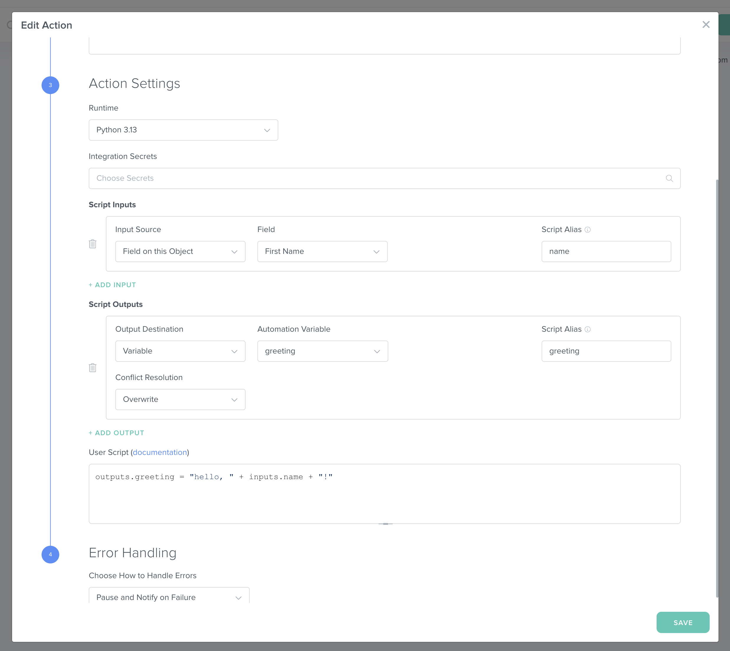 Screenshot of Automation Code Step Configuration Dialog